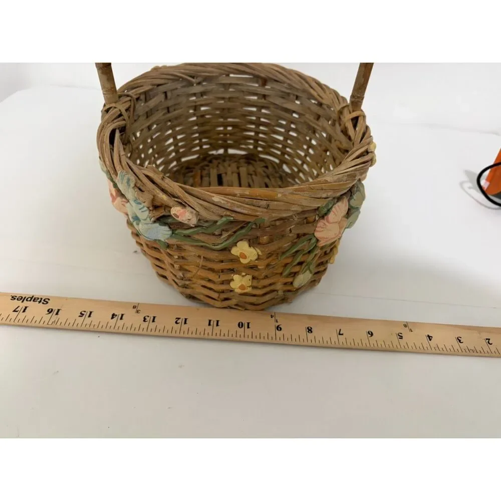 vtg. Woven Basket with ceramic flowers